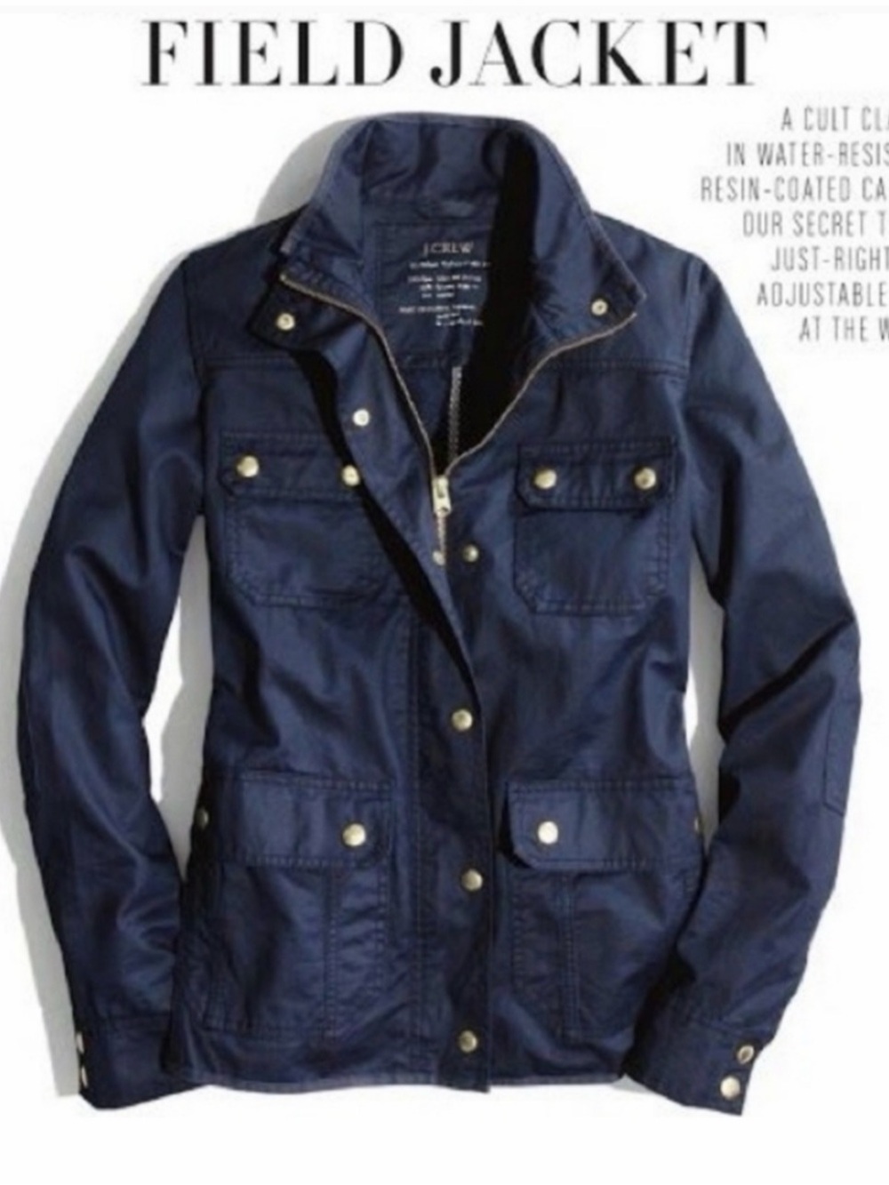 J. Crew Navy Blue Utility Field Jacket Coated Canvas Gold Buttons size XS